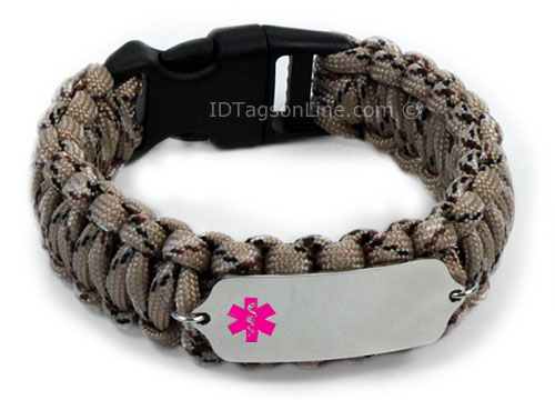 Camo Desert Paracord Medical ID Bracelet with Pink Emblem. - Click Image to Close